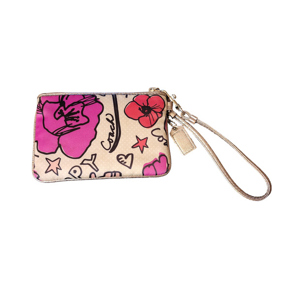Limited Edition COACH Poppy Kyra Pop Art Wristlet Pink Floral / Metallic Accents - Picture 2 of 7